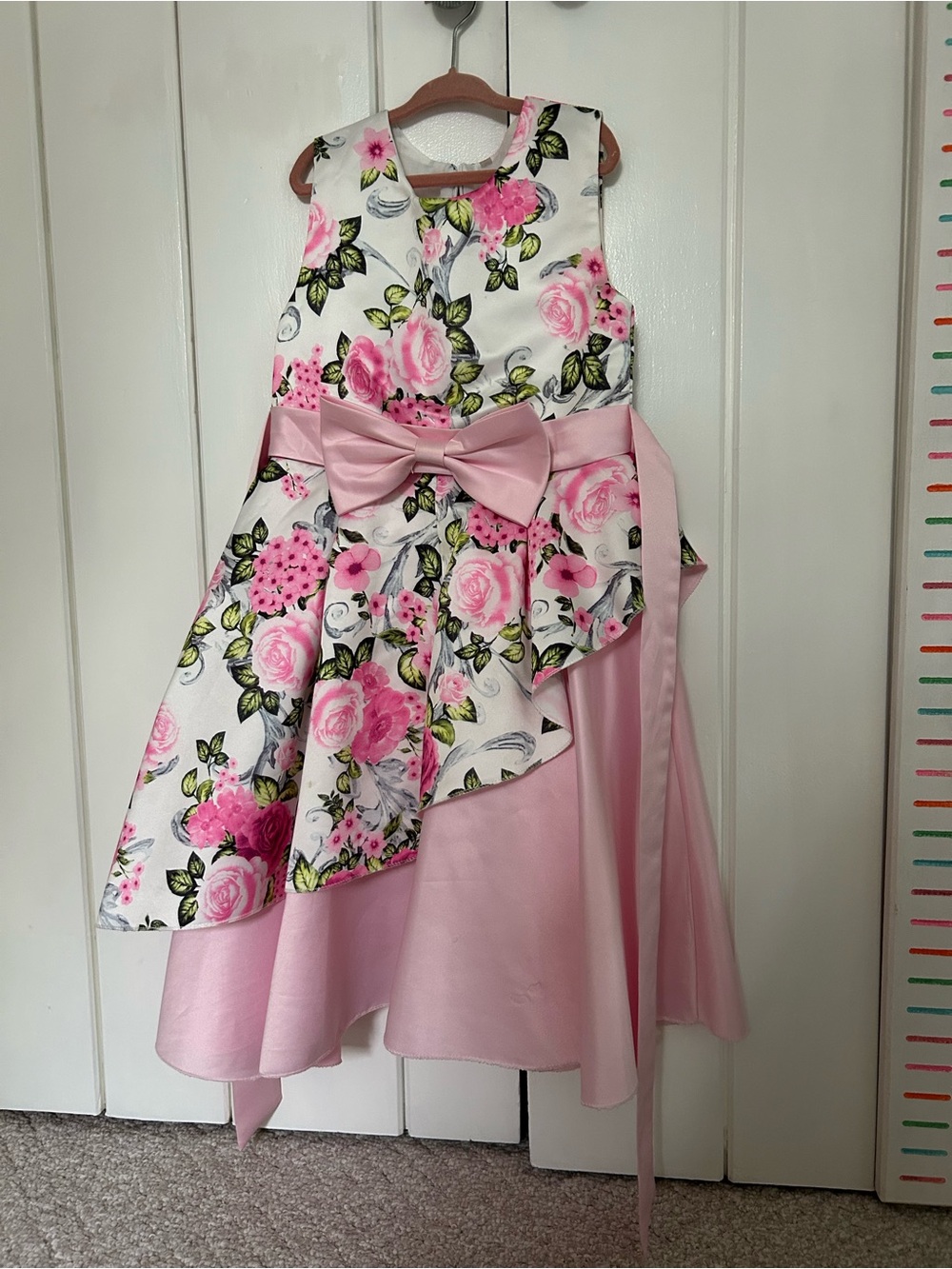 Girls Pink Floral Bow-Front Party Dress Easter or Flower Girl
